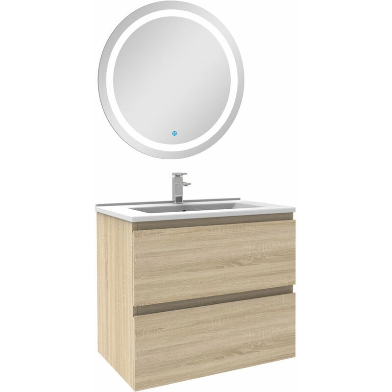 Ensemble Acezanble meuble Salle de Bain 60cm Chêne Wotan simple vasque + miroir lumineux rond