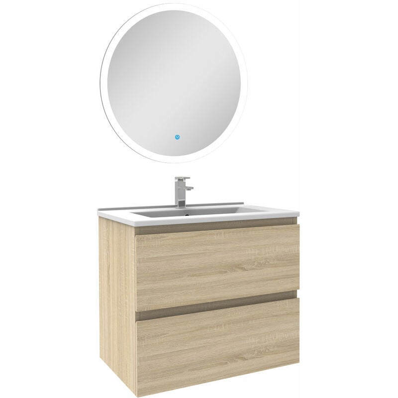 Ensemble Acezanble meuble Salle de Bain Chêne Wotan 60cm simple vasque + miroir lumineux rond