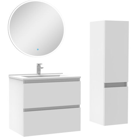Ensemble meubles Salle de Bain 60cm vasque + colonne + miroir rond lumineux Blanc