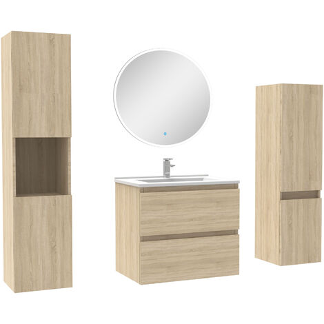 Ensemble meubles Salle de Bain 60cm vasque + colonne + miroir rond mural Chêne Wotan