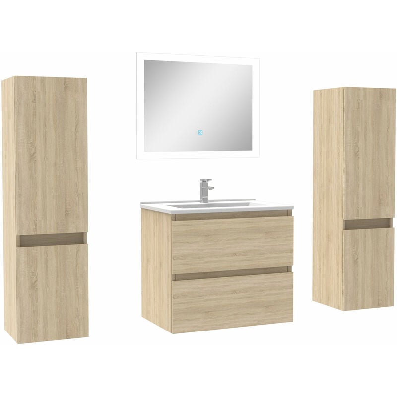 Ensemble meubles Salle de Bain 60cm vasque + colonnex2 + led miroir Chêne Wotan