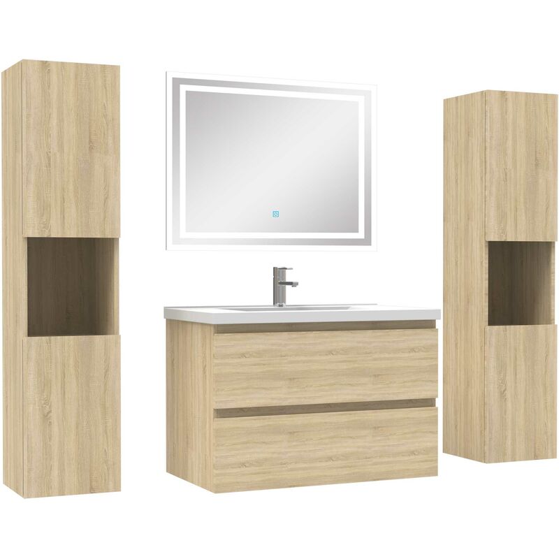 Ensemble meubles Salle de Bain 80cm avec colonne + miroir lumineux Chêne Wotan