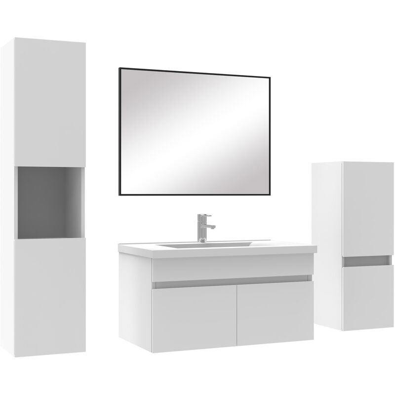Ensemble meubles Salle de Bain 80cm avec colonne + miroir mural Blanc