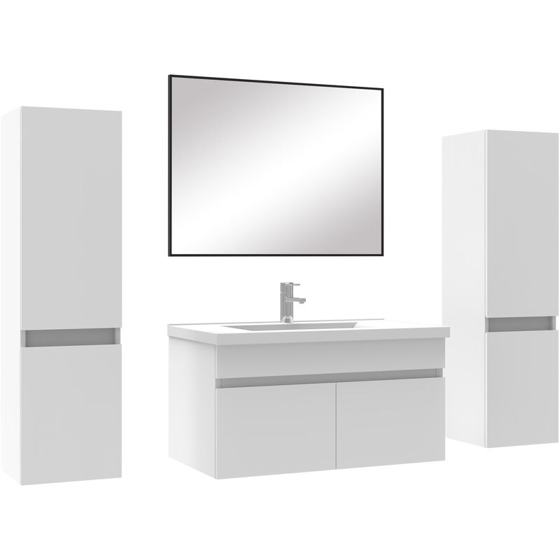 Ensemble meubles Salle de Bain 80cm simple vasque avec colonne + miroir Blanc