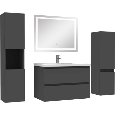 Ensemble meubles Salle de Bain 80cm vasque + colonne + miroir LED Anthracite