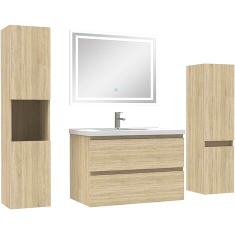 Ensemble meubles Salle de Bain 80cm vasque et colonnex2 et miroir lumineux Chêne Wotan