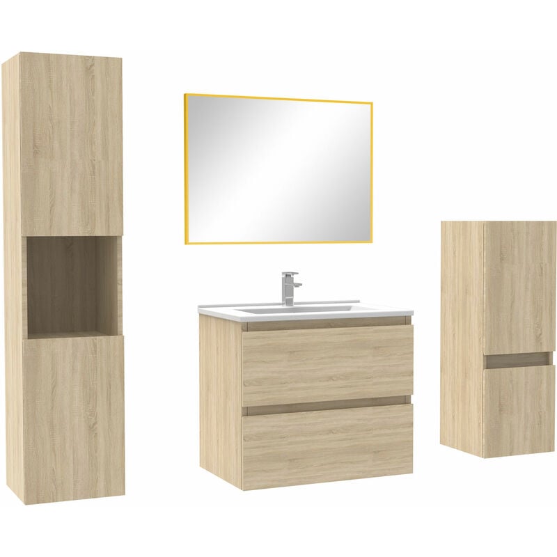 Ensemble meubles Salle de Bain 60cm simple vasque + colonne + miroir mural Chêne Wotan