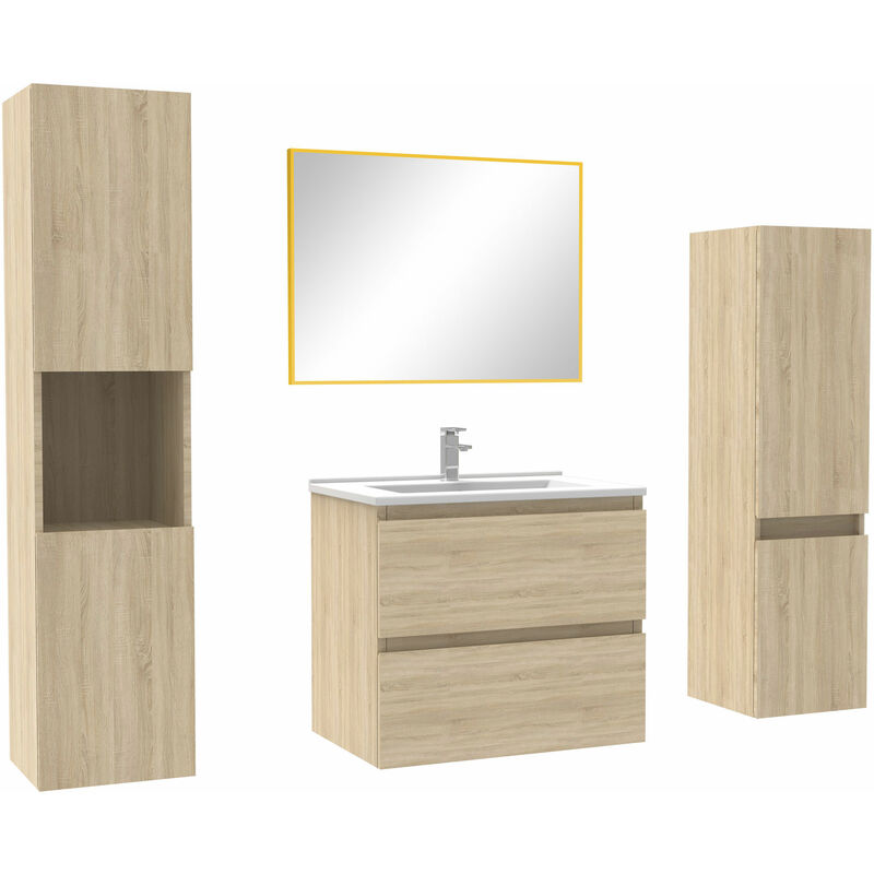 Ensemble meubles Salle de Bain 60cm vasque + colonne + miroir mural Chêne Wotan