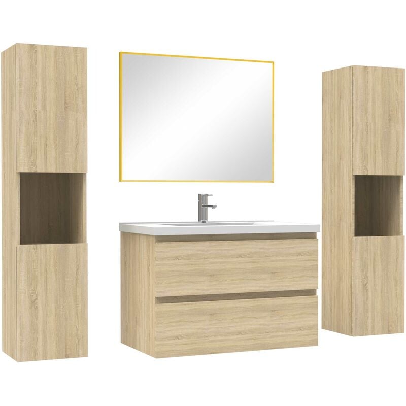Ensemble meubles Salle de Bain avec colonne et miroir mural 80cm meuble Chêne Wotan