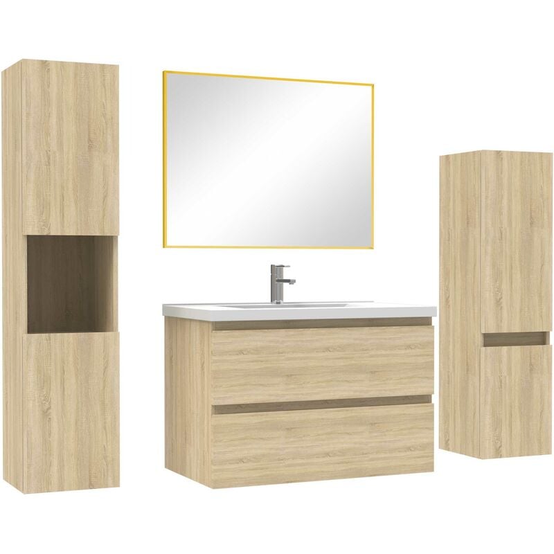 Ensemble meubles Salle de Bain 80cm vasque + colonne + miroir mural Chêne Wotan