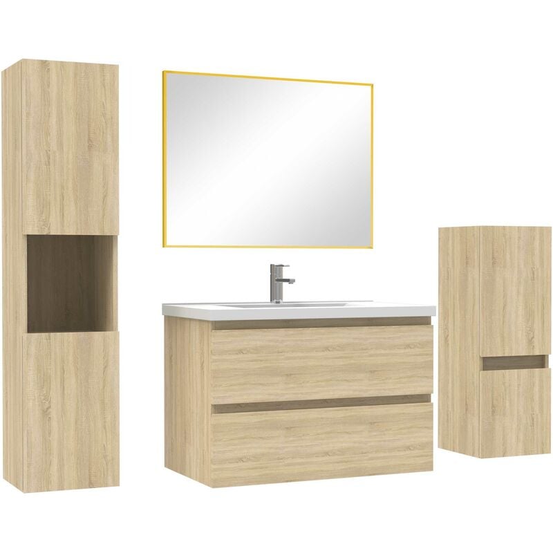 Ensemble meubles Salle de Bain 80cm simple vasque + colonne + miroir mural Chêne Wotan