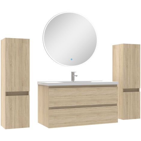 Ensemble meubles Salle de Bain avec colonne + miroir rond mural 100cm meuble Chêne Wotan