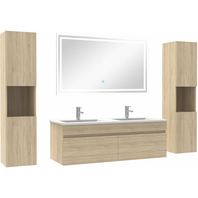 Ensemble meubles Salle de Bain double vasque 120cm, colonnex2 et miroir Chêne Wotan