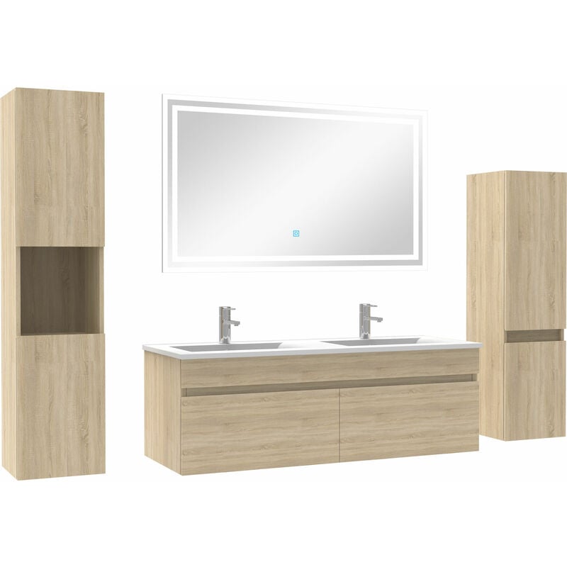 Acezanble - meuble Salle de Bain Chêne Wotan 120cm double vasque + colonne + miroir led
