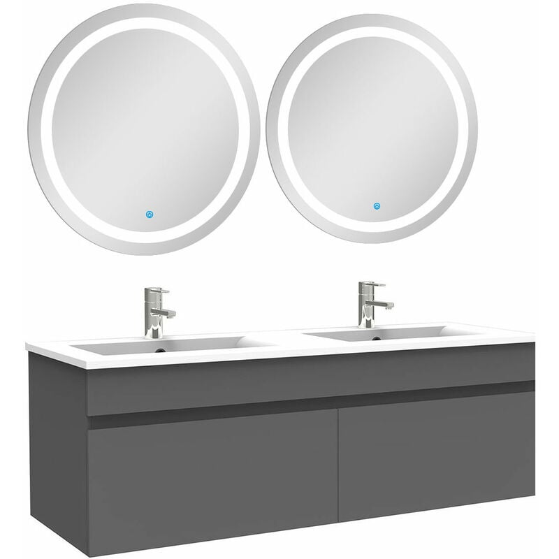 Acezanble - Ensemble meubles Salle de Bain double vasque 120cm + rond miroir lumineux Anthracite