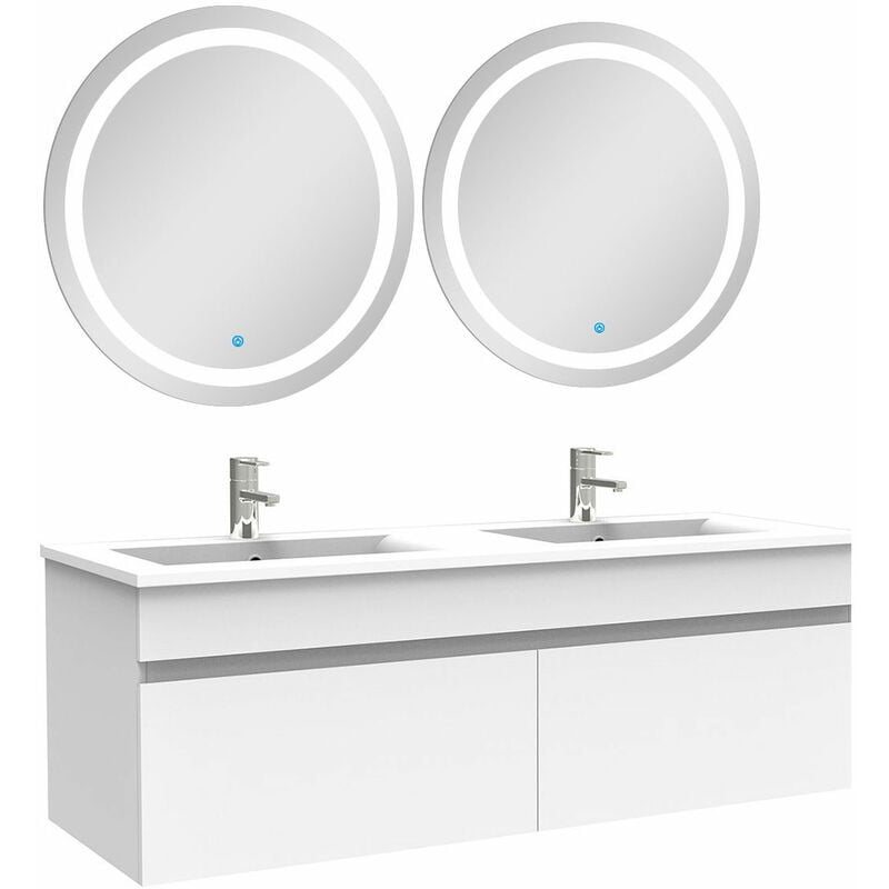 Acezanble - Ensemble meubles Salle de Bain double vasque 120cm + rond miroir lumineux Blanc
