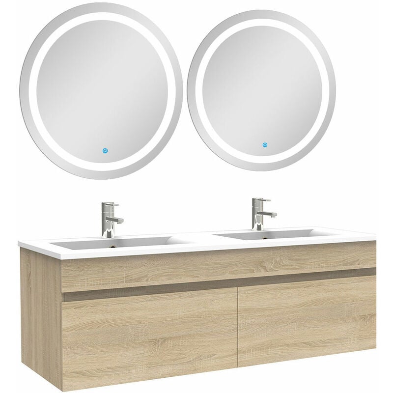 Acezanble - Ensemble meubles Salle de Bain double vasque 120cm + rond miroir lumineux Chêne Wotan