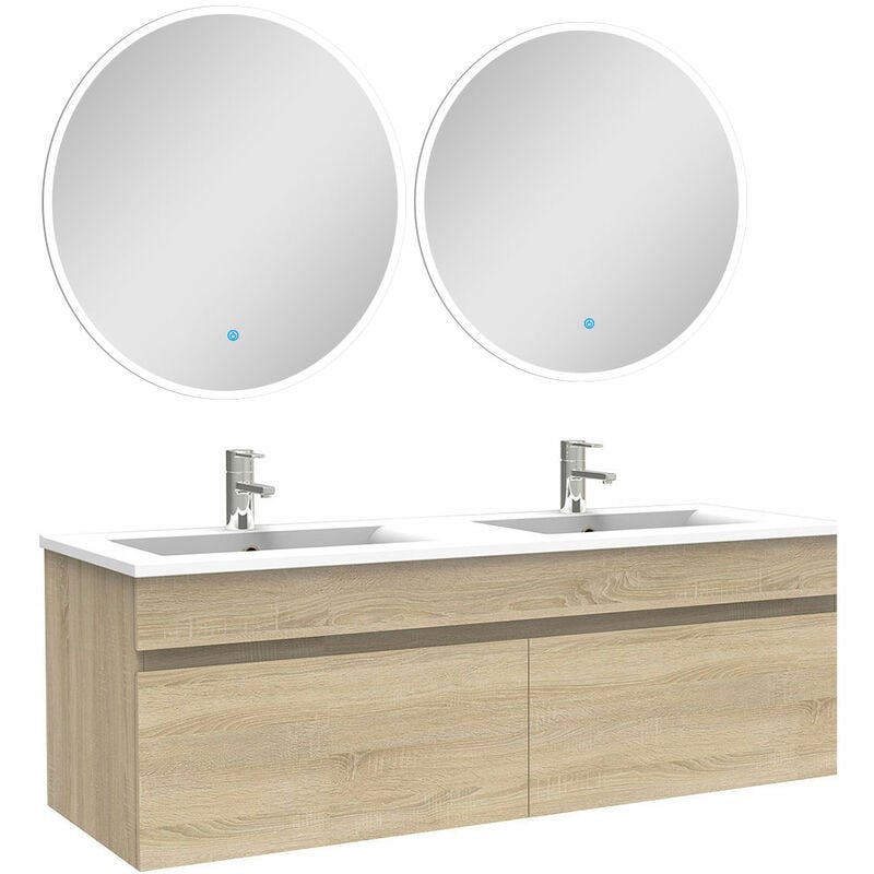 Acezanble - Ensemble meubles Salle de Bain double vasque 120cm + miroir rond lumineux Chêne Wotan