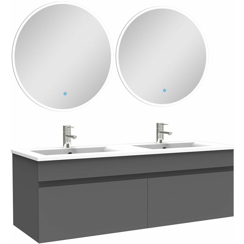 Acezanble - Ensemble meubles Salle de Bain double vasque 120cm + miroir rond lumineux Anthracite