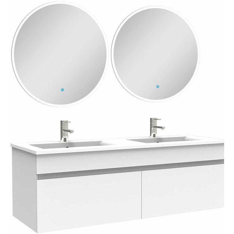 Acezanble - Ensemble meubles Salle de Bain double vasque 120cm + miroir rond lumineux Blanc