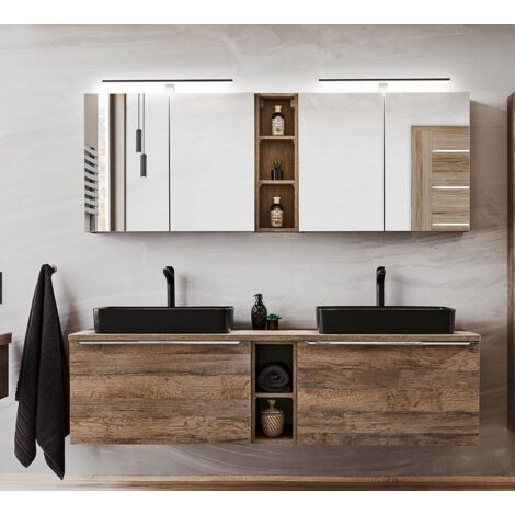 Ensemble meubles salle de bain double vasques 180 cm + 5 éléments - Rosario Oak - Livraison gratuite - Marron