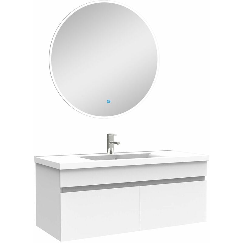 Ensemble meubles Salle de Bain simple vasque 100cm + miroir rond lumineux Blanc