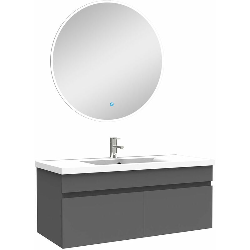Ensemble meubles Salle de Bain simple vasque 100cm + miroir rond lumineux Anthracite