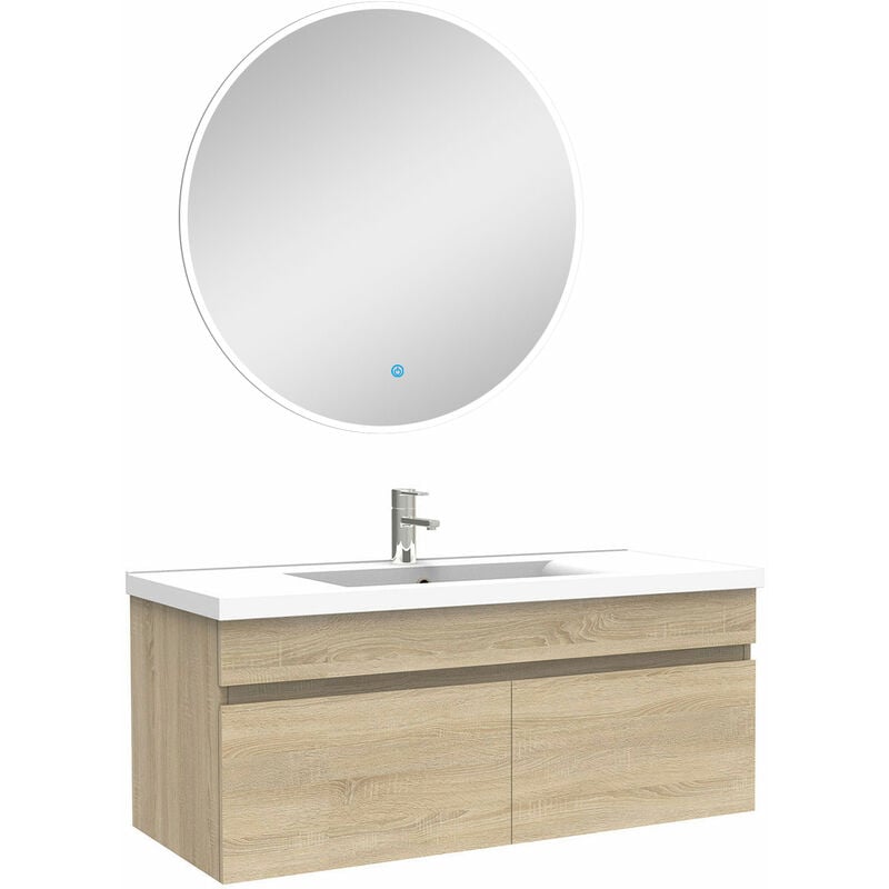 Ensemble meubles Salle de Bain simple vasque 100cm + miroir rond lumineux Chêne Wotan