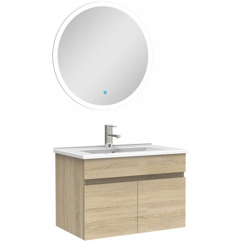Ensemble meubles Salle de Bain simple vasque 60cm + miroir rond lumineux Chêne Wotan