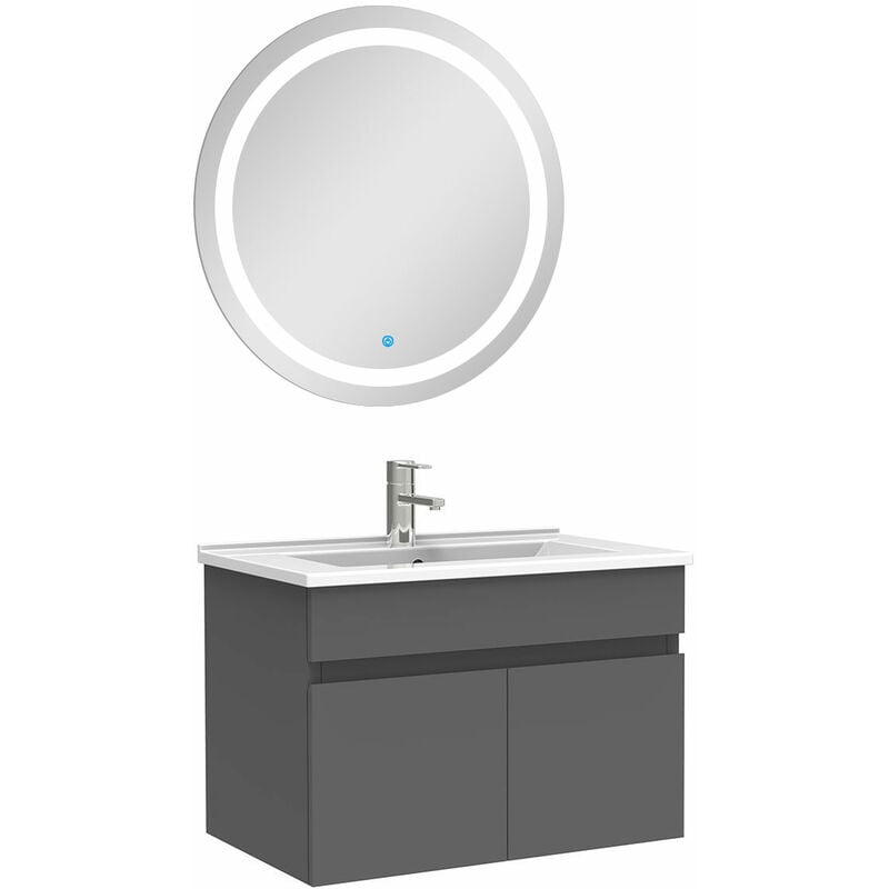 Ensemble meubles Salle de Bain simple vasque 60cm + rond miroir lumineux Anthracite
