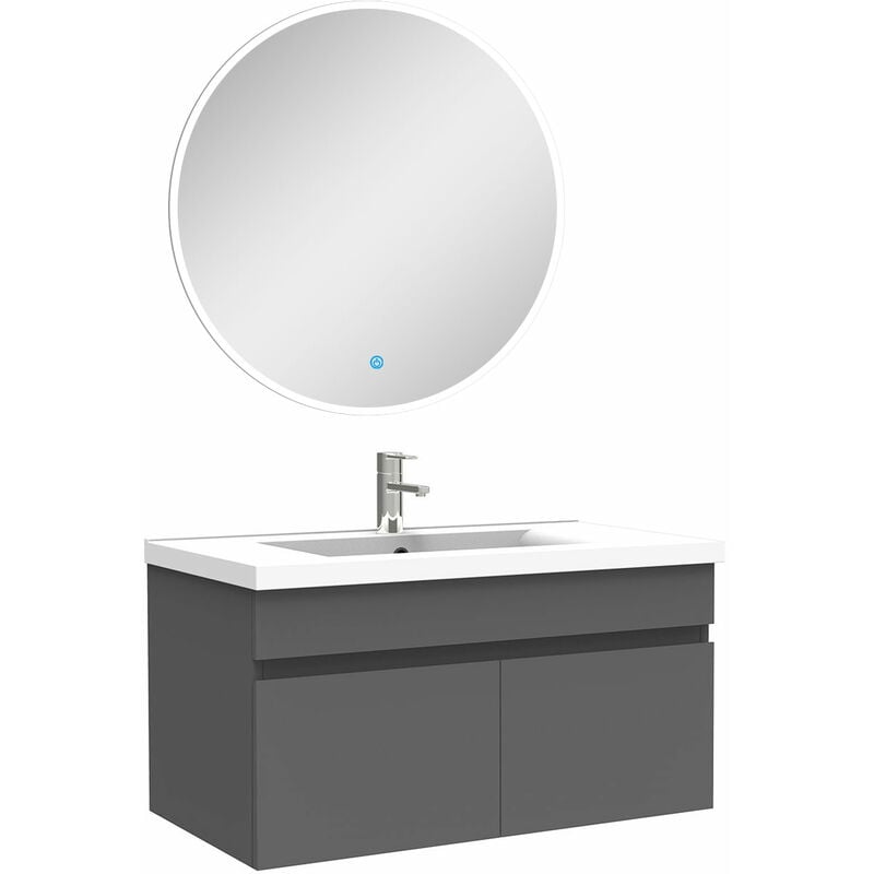 Ensemble meubles Salle de Bain simple vasque 80cm + miroir rond lumineux Anthracite