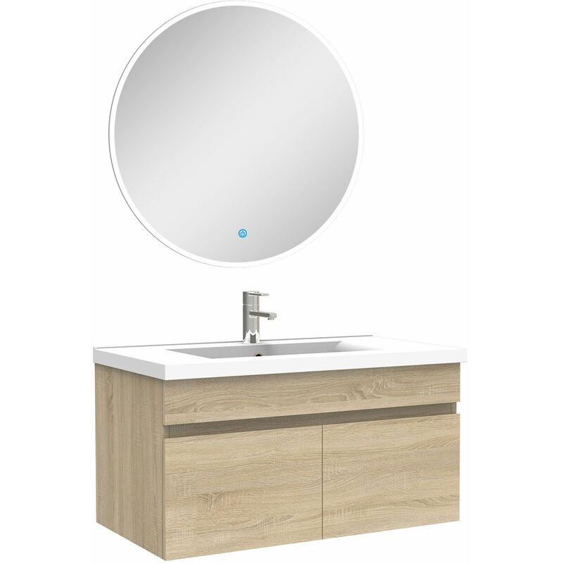 Ensemble meubles Salle de Bain simple vasque 80cm + miroir rond lumineux Chêne Wotan