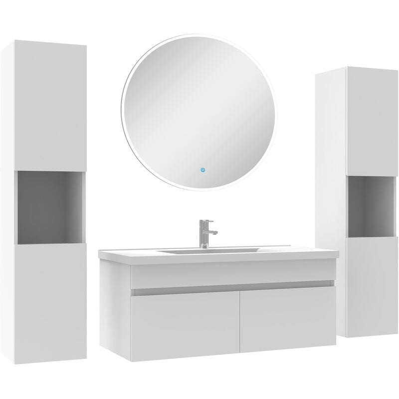 Acezanble - Ensemble meubles Salle de Bain simple vasque 100cm, colonnex2 et miroir rond Blanc
