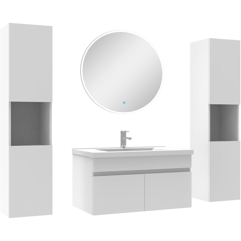 Ensemble meubles Salle de Bain simple vasque 80cm, colonnex2 et miroir rond Blanc