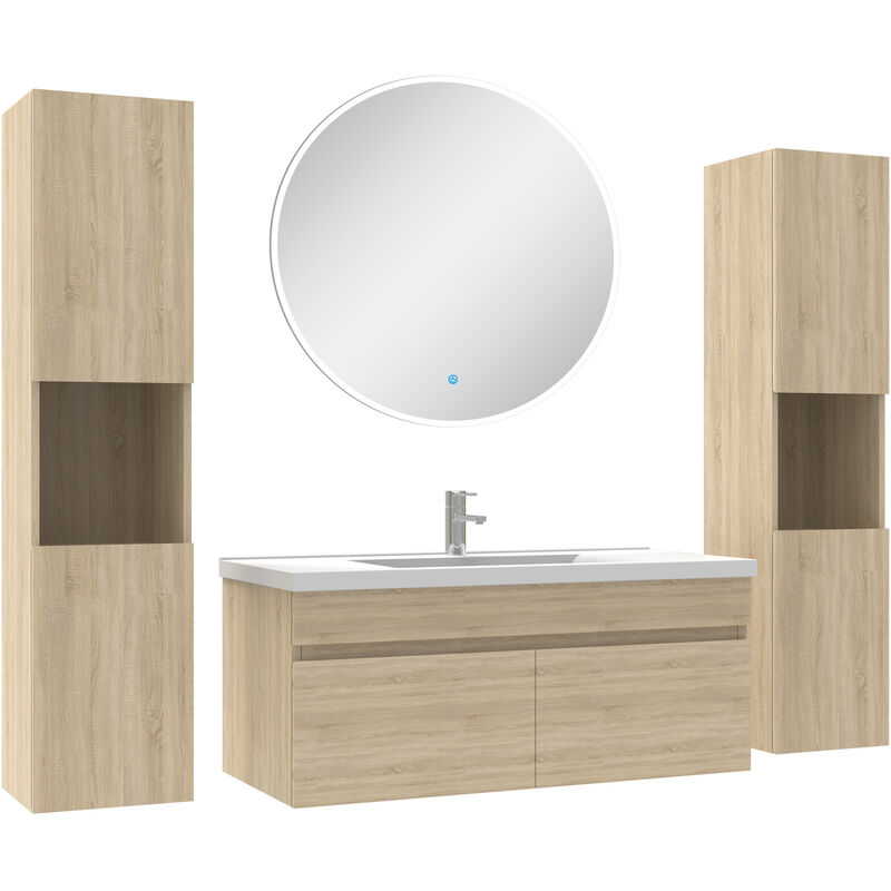 Acezanble - Ensemble meubles Salle de Bain simple vasque 100cm, colonnex2 et miroir rond Chêne Wotan