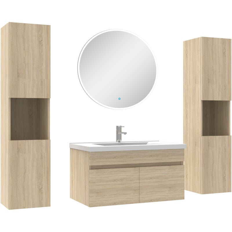 Ensemble meubles Salle de Bain simple vasque 80cm, colonnex2 et miroir rond Chêne Wotan