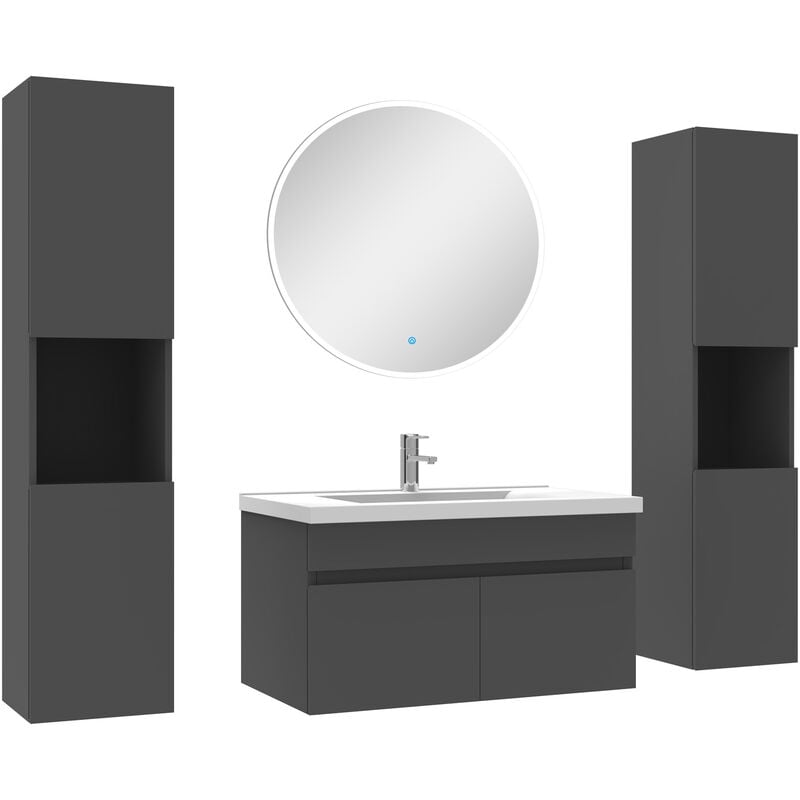 Ensemble meubles Salle de Bain simple vasque 80cm, colonnex2 et miroir rond Anthracite