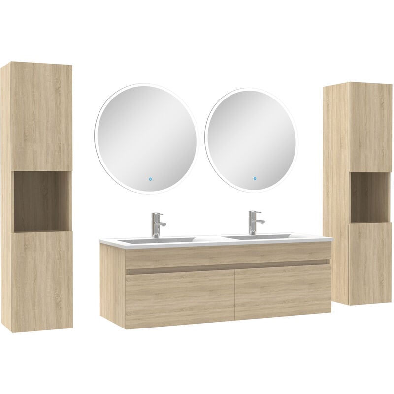 Ensemble meubles Salle de Bain double vasque 120cm, colonnex2 et miroir rond Chêne Wotan