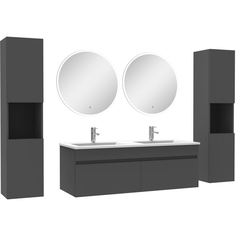 Ensemble meubles Salle de Bain double vasque 120cm, colonnex2 et miroir rond Anthracite