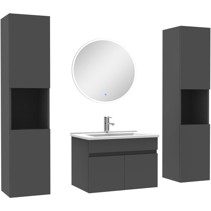 Ensemble meubles Salle de Bain simple vasque 60cm, colonnex2 et miroir rond Anthracite