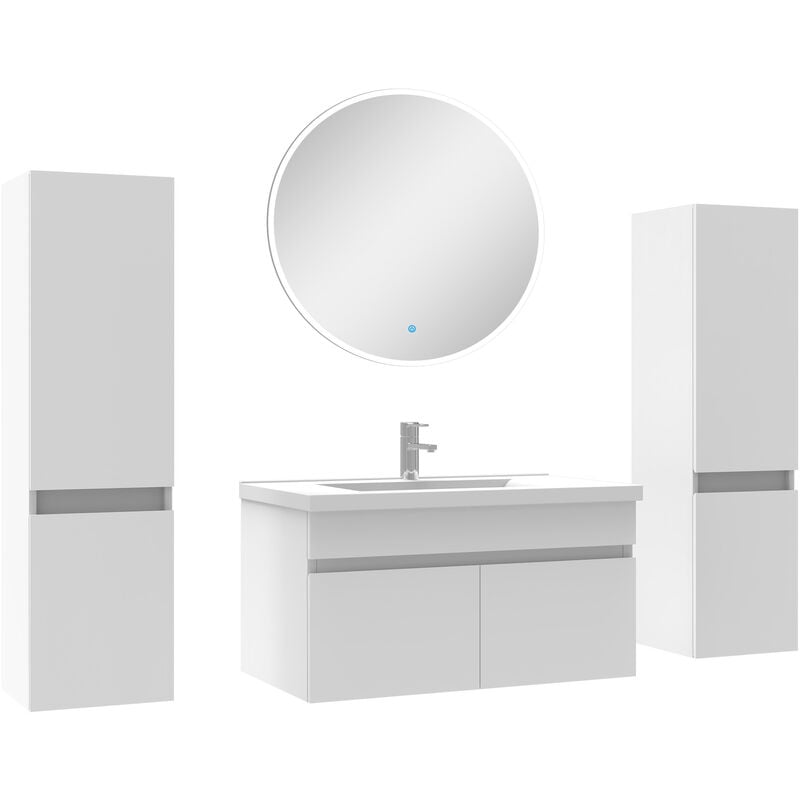 Ensemble meubles Salle de Bain simple vasque 80cm, colonnex2 + miroir rond Blanc