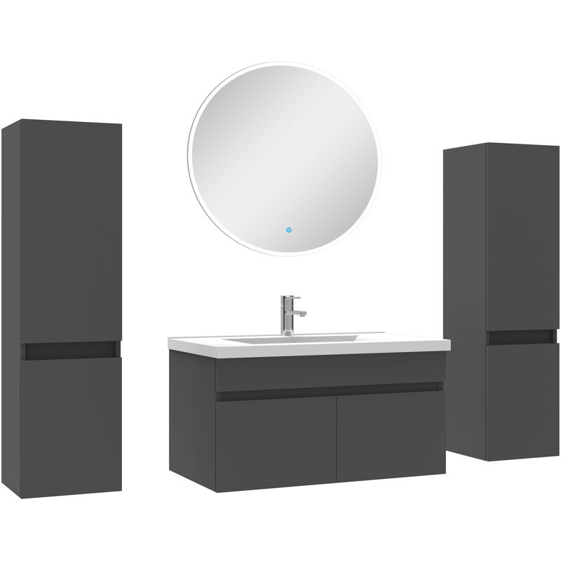 Ensemble meubles Salle de Bain simple vasque 80cm, colonnex2 + miroir rond Anthracite