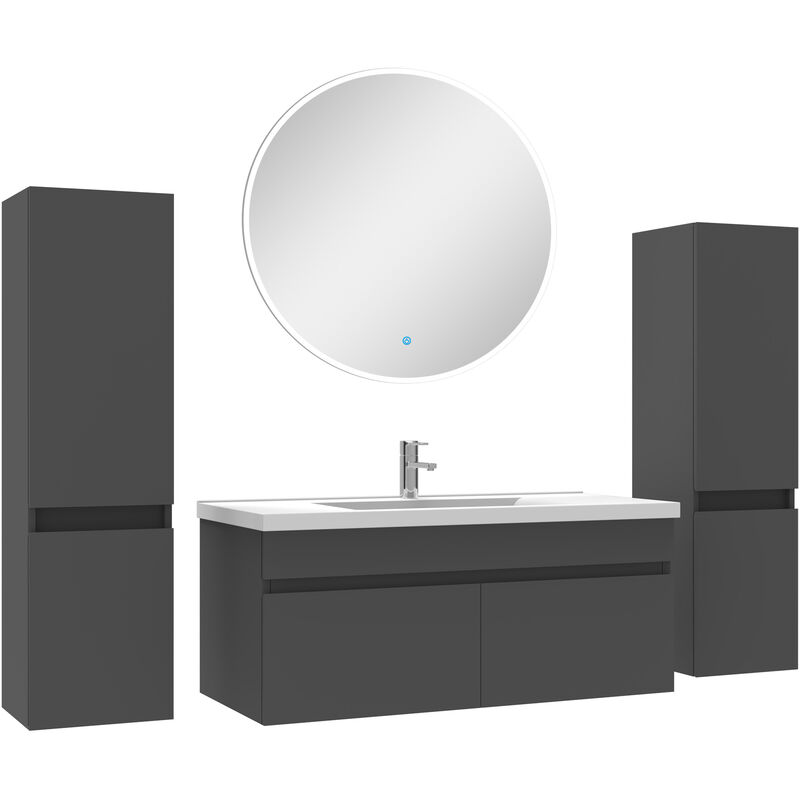 Ensemble meubles Salle de Bain simple vasque 100cm, colonnex2 + miroir rond Anthracite