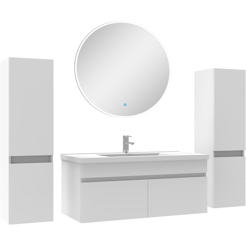 Ensemble meubles Salle de Bain simple vasque 100cm, colonnex2 + miroir rond Blanc