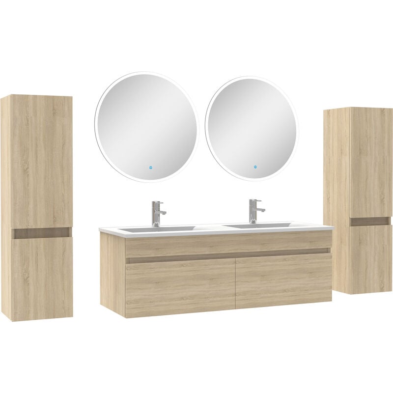 Ensemble meubles Salle de Bain double vasque 120cm, colonnex2 + miroir rond Chêne Wotan