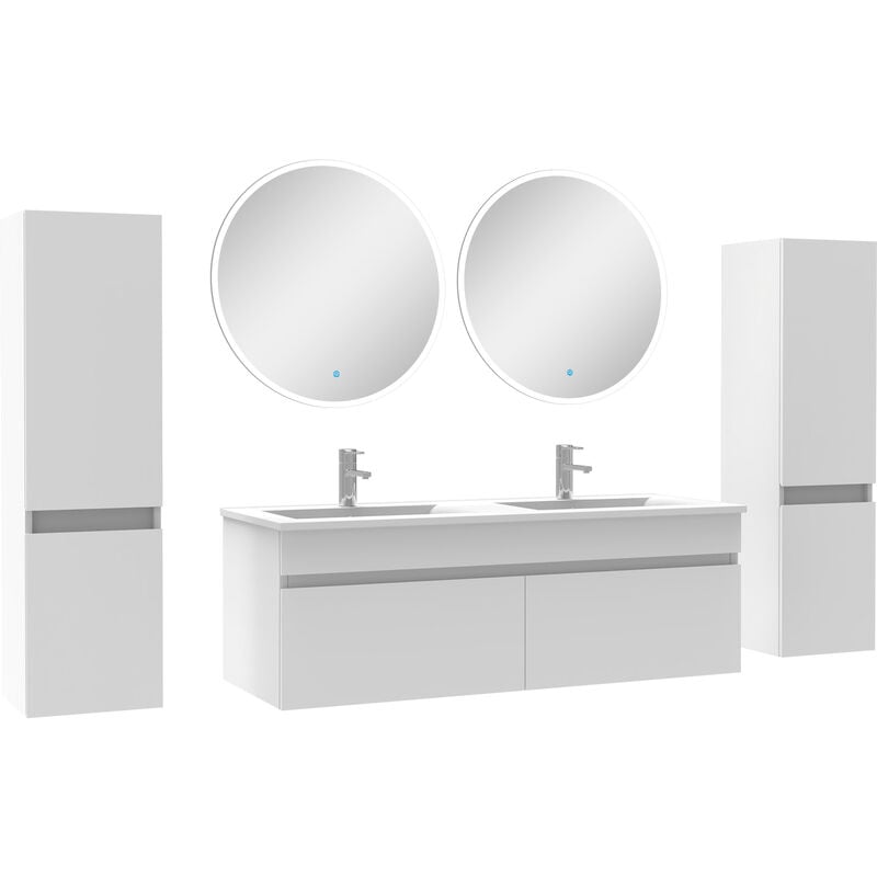 Ensemble meubles Salle de Bain double vasque 120cm, colonnex2 + miroir rond Blanc