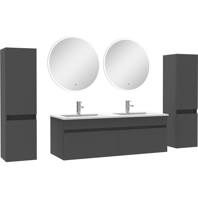 Ensemble meubles Salle de Bain double vasque 120cm, colonnex2 + miroir rond Anthracite