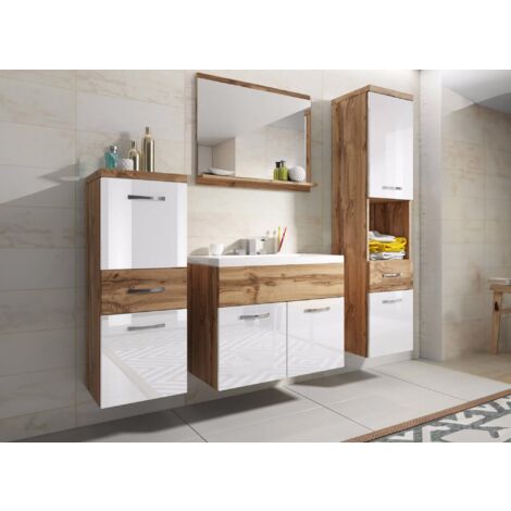 Ensemble meubles salle de bain suspendu - Bois effet vieilli et