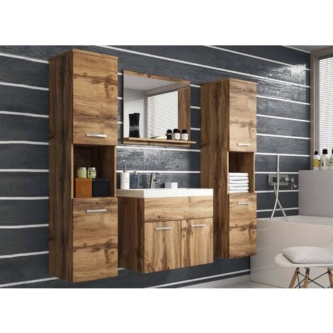 Ensemble meubles salle de bain suspendu XL - Bois effet vieilli HARMONY - bois foncé