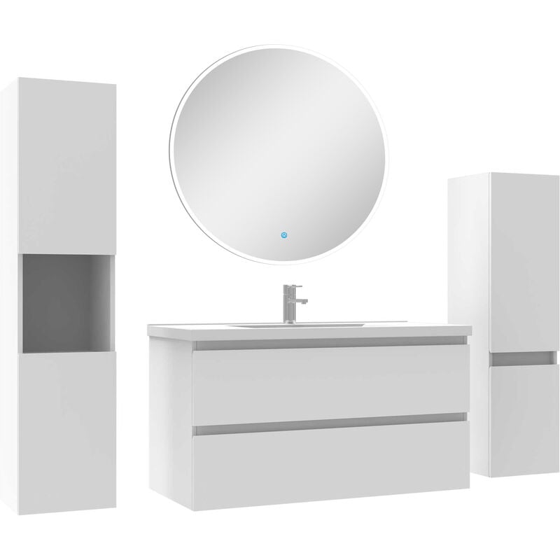 Ensemble meubles Salle de Bain 100cm vasque + colonne + miroir rond mural Blanc